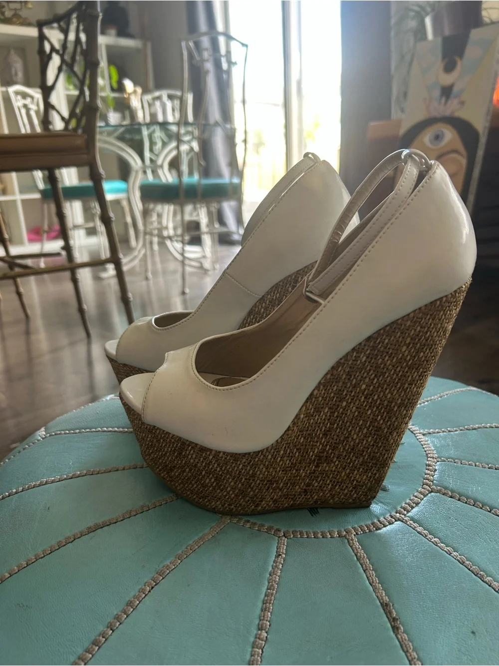 JustFab White Espadrille Wedge Peep-Toe with Ankle Strap
